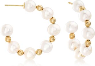 Ross-Simons 6-7mm Cultured Pearl Hoop Earrings in 14kt Yellow Gold