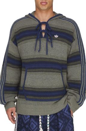 adidas Originals x CLOT Baja Stripe Oversize Hooded Sweater in Trace Khaki/Tech Indigo at Nordstrom, Size Xx-Large