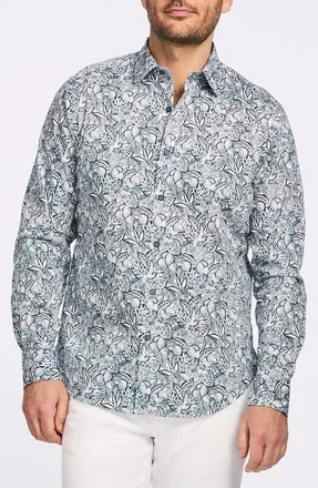 Robert Graham Frond Print Cotton Button-Up Shirt in Teal at Nordstrom Rack, Size Xx-Large
