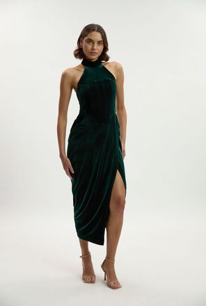 Karen Millen Womens Tall Tailored Velvet Halter Neck Maxi Dress - Forest Green - Size 16 UK