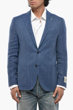 Corneliani CC COLLECTION Blazer in Misto Lino Motivo Herringbone con Tasche a Toppa Corneliani