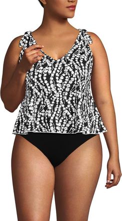 Lands End Plus Size DDD-Cup Tie Shoulder Flutter Tankini Top in Black/white Vine Floral at Nordstrom, Size 20W