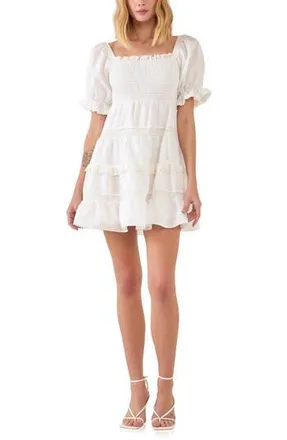 endless rose Smocked Cotton & Linen Minidress in White at Nordstrom Rack, Size X-Small