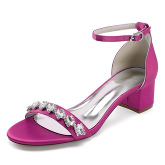 Generic Wedding Shoes Womens Elegant Bridal Low Heel Sandals Comfortable Evening Prom Satin Chunky Heels Shoes 4.5Cm,Fuchsia,10 UK