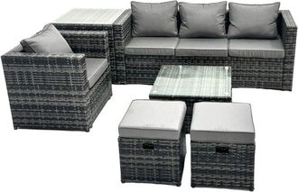 Fimous Fimous Outdoor Rattan Garden Furniture Set 6 Seater Patio Lounge Sofa Set with Armchair Square Coffee Table Side Table 2 Small Footstools Dark Grey
