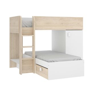 Dmora Cama Infantil Marmolada, Dormitorio Completo Con Armario Y Cajoneras, Composici&oacute;n Litera Con Dos Camas Individuales, 255x112h150 Cm, Blanco Y Roble - 