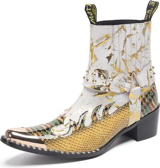 Generic Cowboy Boot for Men Dress Casual Genuine Leather Metal Tip Western Boots Fashion Motorcycle Chelsea Boots (White,11.5)