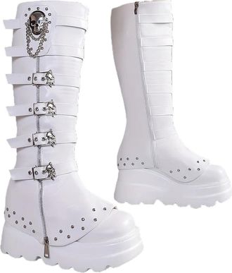 Generic Long Women Boots Cosplay Ladies High Heels Metal Decoration Shoes Platform Gothic Buckle Strap Leather Female Boots(White,US12)