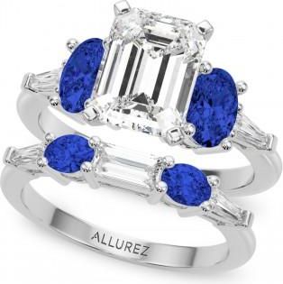 Allurez Emerald Cut Lab Grown Diamond & Oval Blue Sapphire Bridal Set in Palladium (5.17ct)