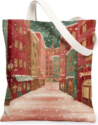 Generic Winter Cityscape Canvas Tote Bags, Vintage Holiday Pattern Reusable Shopping Bags, Retro Lightweight Washable Canvas for Ou, Red, 13x15 Inch
