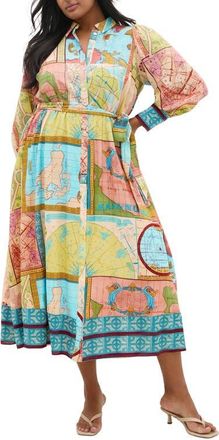 City Chic Paulo Map Print Long Sleeve Shirtdress in Wanderlust at Nordstrom, Size Xxs