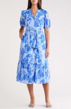 Sugarlips Veran Floral Button-Up Tiered Cotton Shirtdress in Light Blue Multi at Nordstrom, Size X-Large