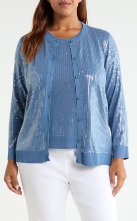Anne Klein Sequin Embellished Cardigan in Dutch Blue at Nordstrom, Size 3X