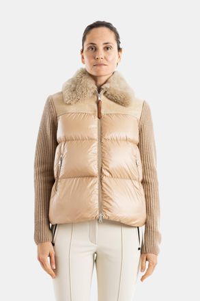 Moncler Womens Hybrid Quilted Shearling Collar Cardigan Beige Jacket