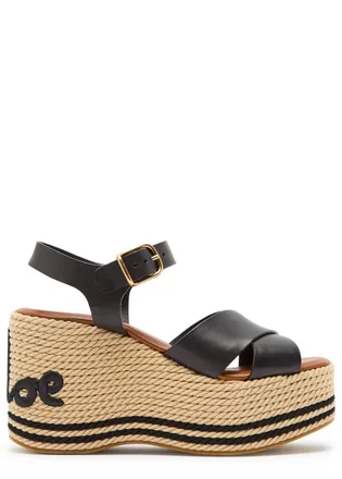 Chlo&eacute; Chlo&eacute; Sand 105 Woven and Leather Wedge Sandals - Black - 39 (IT39 / UK6)