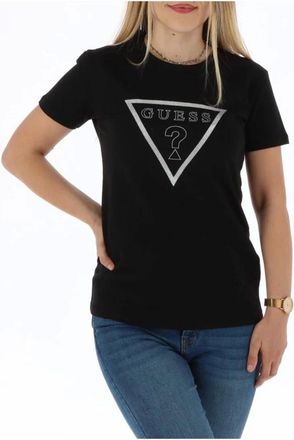 Guess T-Shirts, female, Black, Size: XS Printed Cotton Round Neck T-shirt