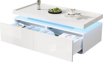 STILVORA Mesa De Centro Con 2 Cajones Y Led, Control Por App, Tablero Tipo Bandeja Antideslizante, Blanco Brillo, 95&times;45&times;35 Cm