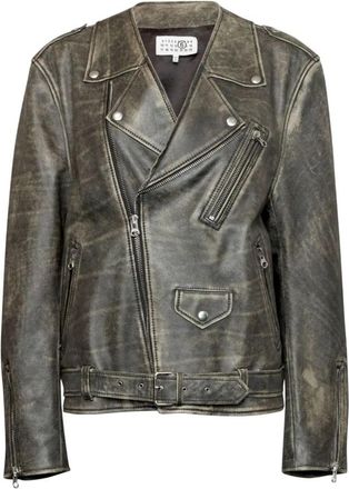 Maison Margiela Heavy Leather Biker Jacket - Dames - Leren en Su&egrave;de Jassen - Bruin - 2XS - Katoen - Jassen