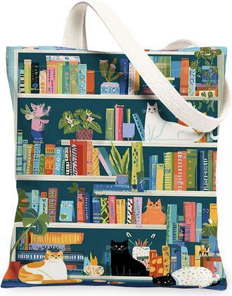 Generic Artistic Cats Canvas Tote Bags, Vintage Animal Pattern Reusable Grocery Bags, Lightweight Washable Shoulder Strap Canvas Fo, Multi-color, 13x15 Inch