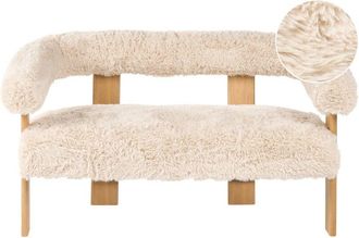 Beliani 2 Seater Sofa Off-White Faux Fur Upholstery Retro Design Light Brown Wooden Legs Living Room ILBRO