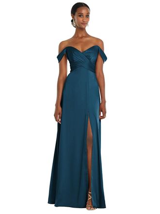 The Dessy Group Off-the-Shoulder Flounce Sleeve Empire Waist Gown with Front Slit
