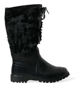 Dolce & Gabbana Zwarte Rubber Veterschoenen met Schapenvacht Regenboots