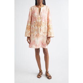 Zimmermann Aster Print Long Sleeve Linen Shift Dress in Pink Ikat at Nordstrom, Size 0P
