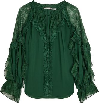 Alice & Olivia Aleena Ruffled Lace Chiffon Blouse - Dark Green - S (UK8-10 / S)