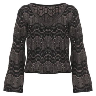 D.exterior Trui met V-hals en pailletten - Dames - Truien - Bruin - Maat: M Viscose