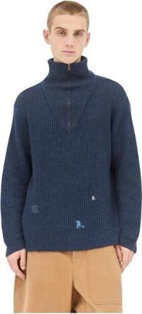 Maison Margiela Linnen Wolmix Gebreide Trui - Heren - Coltruien - Blauw - S - Wol - Truien & Vesten