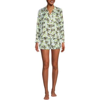 Lands End Plus Size Matte Satin 2 Piece Pajama Set - Long Sleeve Top and Shorts in White Leopards at Nordstrom, Size X-Large