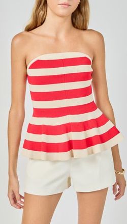 endless rose Stripe Strapless Knit Peplum Top in Red/cream at Nordstrom, Size X-Small