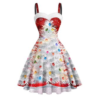Generic Women Christmas Party Dress Xmas Tree Swing Dress Fluffy Neck Novelty Printed Skater Xmas Dress Sleeveless Cocktail Dresses Snowflakes Christmas Tree 