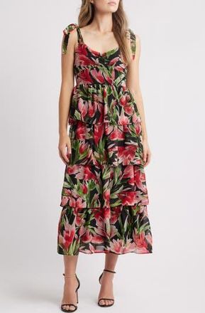 Julia Jordan Floral Tie Strap Tiered Midi Dress in Black Multi at Nordstrom Rack, Size 14