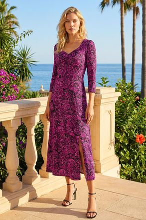 Roman Paisley Print Ruched Midi Stretch Dress