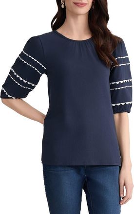 Jones New York Rickrack Puff Sleeve Stretch Cotton Top in Pacific Navy/natural White at Nordstrom, Size X-Large