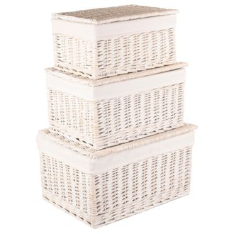 Red Hamper Wicker Set of 3 White Wash Steamed Cotton Lined Storage Basket