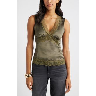 Open Edit Lace Trim Satin Tank in Olive Sarma at Nordstrom Rack, Size X-Small