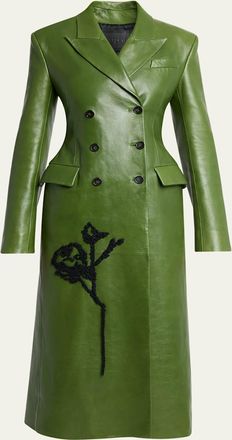 Erdem Floral Embroidered Double-Breasted Leather Coat