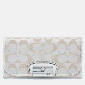 Coach Beige/white Signature Canvas And Leather Flap Continental Wallet