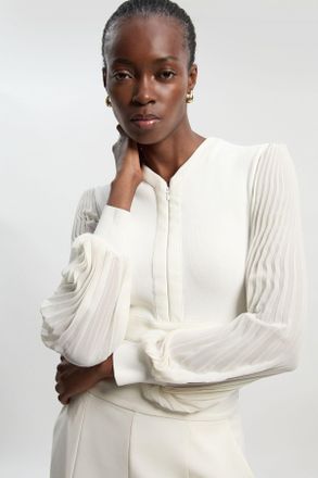 Karen Millen Womens Woven Sleeved Pleated Top With Pu - White Viscose - Size X-Small