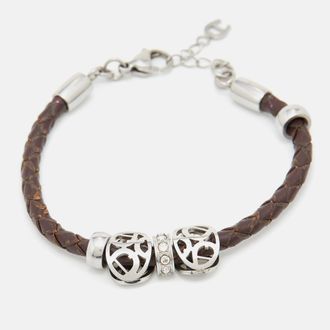 Aigner Crystal Logo Charm Brown Braided Leather Bracelet