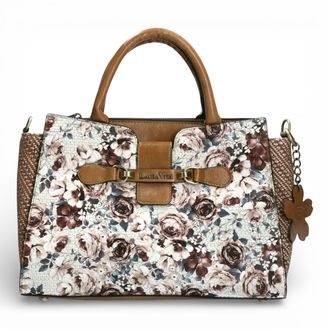 Laura Vita Ayna-02 Womens Tan Floral Print Adjustable Straps Shoulder Tote Hand Bag