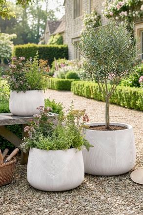 Dibor Set of 3 Beige Symmetry Stripe Beige Fibre Clay Indoor Outdoor Garden Planters | Size: Large