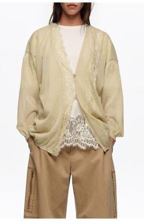 Bimba & Lola Long Cotton and Linen Cardigan With Lace Trim in Light Green at Nordstrom, Size Xx-Small Eu