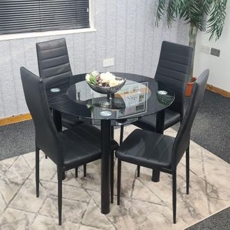 Kosy Koala Round Black Glass Dining Table with 4 Black Chairs Modern Dining Room Furniture Set in Brown