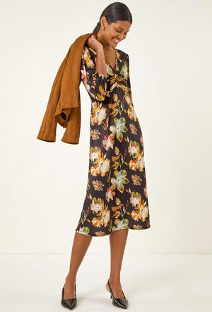 Roman Floral Twist Front Midi Dress