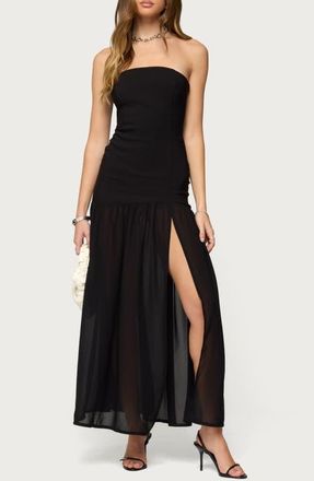 Edikted Marisa Strapless Drop Waist Mixed Media Maxi Dress in Black at Nordstrom, Size X-Small
