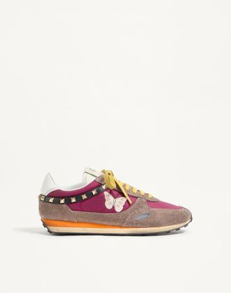 Valentino Garavani Stud Up Trainer In Split Leather And Nylon With Butterfly Embroidery