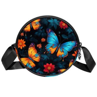 Generic Circle Crossbody Bag for Women, Flower Butterfly Small Sling Bag Daypack with Zipper Adjustable Shoulder Straps Casual Ladies Girls Round Purse